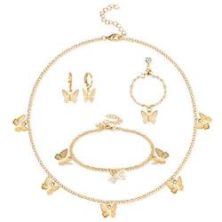 Florideco 4Pcs 14K Gold Plated Butterfly Choker Necklace Earrings Bracelet Ring Set for Women Ladies Gift Jewelry Dainty Chain Butterfly Pendant Necklace Cute Drop Dangle Hoop Earrings Rose Gold