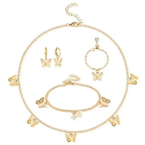 Florideco 4Pcs 14K Gold Plated Butterfly Choker Necklace Earrings Bracelet Ring Set for Women Ladies Gift Jewelry Dainty Chain Butterfly Pendant Necklace Cute Drop Dangle Hoop Earrings Rose Gold Florideco 4Pcs 14K Gold Plated Butterfly Choker Necklace Earrings Bracelet Ring Set for Women Ladies Gift Jewelry Dainty Chain Butterfly Pendant Necklace Cute Drop Dangle Hoop Earrings Rose Gold