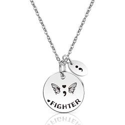 Ribukat Warrior Fighter Semicolon Necklace Mental Health Awareness Jewelry Suicide Prevention Depression Inspirational Gift Cancer Survivor Gifts