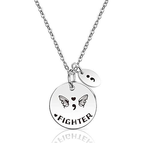 Ribukat Warrior Fighter Semicolon Necklace Mental Health Awareness Jewelry Suicide Prevention Depression Inspirational Gift Cancer Survivor Gifts