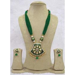 Babosa Sakhi Green Meenakari Pendant Set Jaipuri Pearl Indian Traditional Kundan Necklace Jewelry