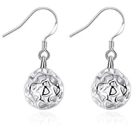 Hollow Ball Round Cage Heart Love Filigree Fish Hook Dangle Drop Earrings for Women Girls Sensitive Ear Fashion Elegant Sterling Silver Plated Lightweight Dangling Hypoallergenic Jewelry Gifts