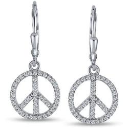 World Peace Sign Symbol Cubic Zirconia Pave CZ Leverback Drop Dangle Earrings For Women For Teen 925 Sterling Silver