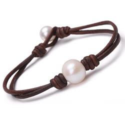 Single Cultured Freshwater Pearl Bracelet Handmade Leather Pearl Jewelry for Women Girls 7