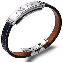 NC Genuine Leather Bracelet for Women Men, Stainless Steel Friendship Teen Girls Bracelets for Couples 12 Constellations Jewelry