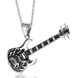 León Jewelry Hell Flame Fire Burning Guitar Chain Necklace Stainless Steel Rock Music Lover Guitarist Cool Costume