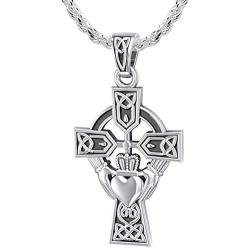 US Jewels And Gems Mens 925 Sterling Silver 32mm Irish Celtic and Claddagh Cross Pendant Necklace, 18in to 24in