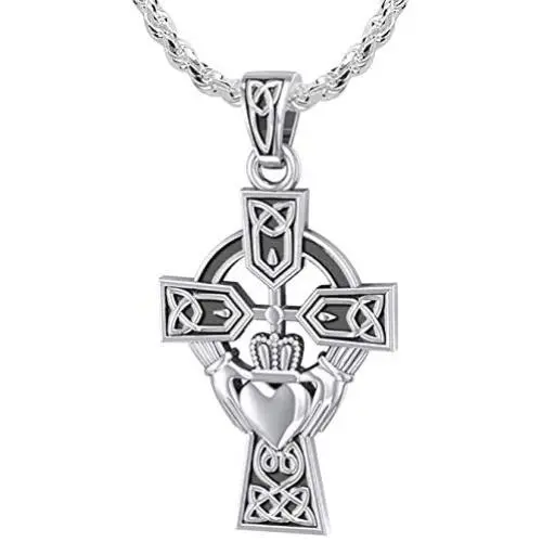 US Jewels And Gems Mens 925 Sterling Silver 32mm Irish Celtic and Claddagh Cross Pendant Necklace, 18in to 24in US Jewels And Gems Mens 925 Sterling Silver 32mm Irish Celtic and Claddagh Cross Pendant Necklace, 18in to 24in