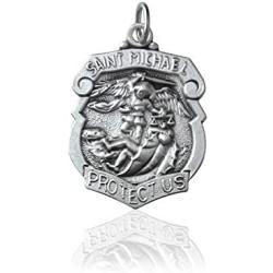 Saint Michael the Archangel Protect Us Shield Medal Pendant in 925 Sterling Silver