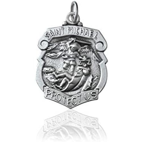 Saint Michael the Archangel Protect Us Shield Medal Pendant in 925 Sterling Silver