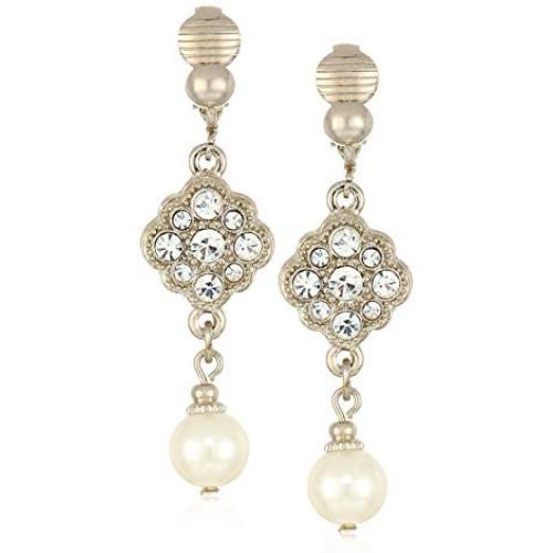 1928 Jewelry Womens Silver-Tone Crystal and Simulated Pearl Drop Earrings, White, One Size