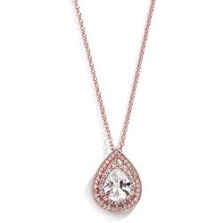 Mariell Rose Gold CZ Pave Framed Pear-Shaped Solitaire Necklace Pendant - Vintage Wedding Bridal Jewelry
