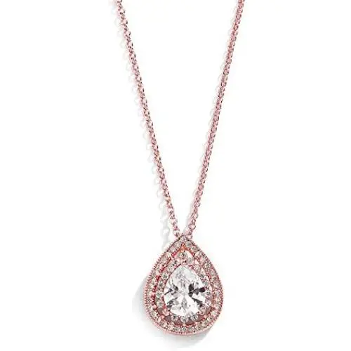 Mariell Rose Gold CZ Pave Framed Pear-Shaped Solitaire Necklace Pendant - Vintage Wedding Bridal Jewelry