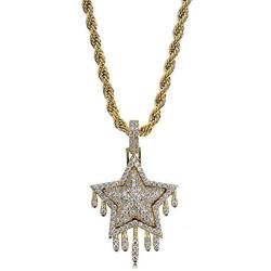 TOPGRILLZ 14K Gold Plated Simulated Diamond CZ Drop Pentagram Pendant Chain for Men and Women Necklace Hip Hop Jewelry