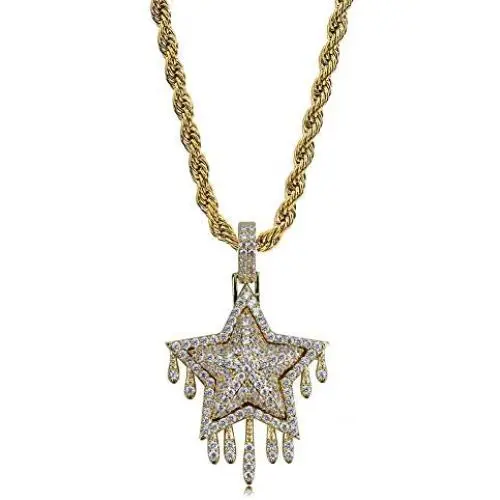 TOPGRILLZ 14K Gold Plated Simulated Diamond CZ Drop Pentagram Pendant Chain for Men and Women Necklace Hip Hop Jewelry