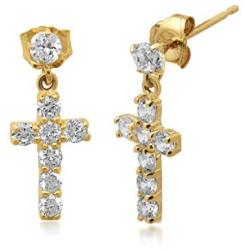 Jewelili 10K Yellow Gold 2MM and 3MM Swarovski White Cubic Zirconia Cross Dangle Earrings