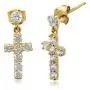 Jewelili 10K Yellow Gold 2MM and 3MM Swarovski White Cubic Zirconia Cross Dangle Earrings
