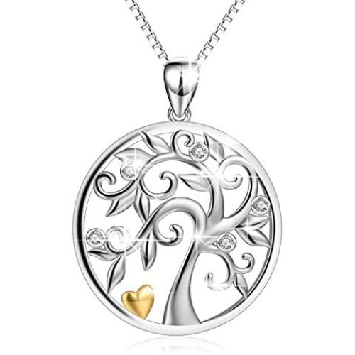 PEIMKO Sterling Silver Tree of Life Pendant Necklace, Cubic Zirconia Family Spiritual Tree Gifts for Mother Daughter
