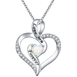 Women Lab Opal Heart Necklace 925 Sterling Silver Jewelry Engraved Love You Forever/Love You with All My Heart Cubic Zirconia Pendant 18 Inches