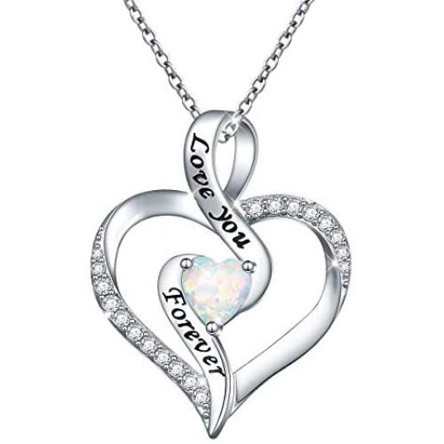 Women Lab Opal Heart Necklace 925 Sterling Silver Jewelry Engraved Love You Forever/Love You with All My Heart Cubic Zirconia Pendant 18 Inches