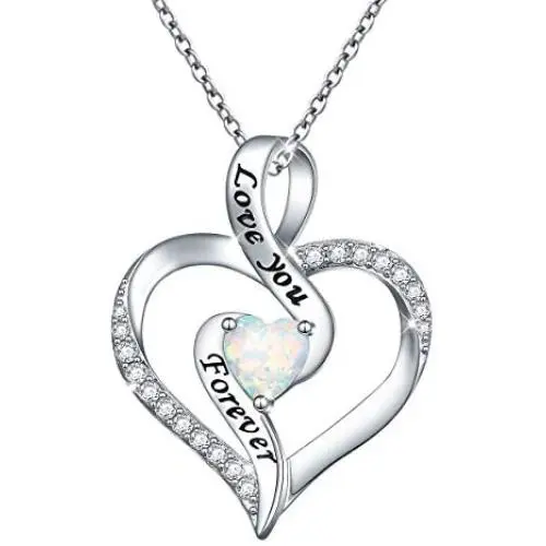 Women Lab Opal Heart Necklace 925 Sterling Silver Jewelry Engraved Love You Forever/Love You with All My Heart Cubic Zirconia Pendant 18 Inches