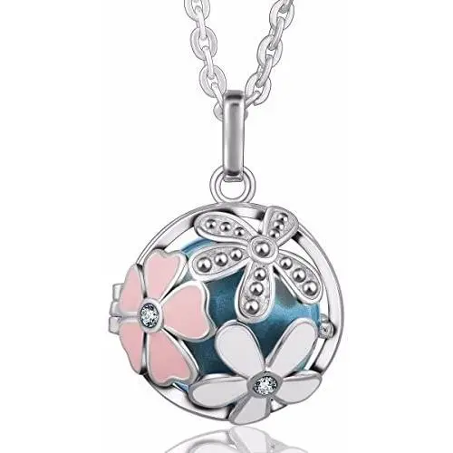 EUDORA Harmony Bola Pink Flower 20mm Locket Pendant Necklace Angel Music Chime Ball & 30'' Sweater Chain