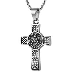 AsAlways Stainless Steel Freemason Symbol Masonic Eternal Celtic Cross Irish Knot Pendant Necklace, 22+2''Link Chain,