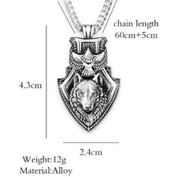 Wolf Necklace for Men, Eagle Wolf Shield Necklace, Norse Viking Wolf Head Pendant Necklace with 25.6” Chain, Vintage Celtic Wolf Totem Amulet Necklace, Punk Animal Wolf Jewelry Gift for Men Boys