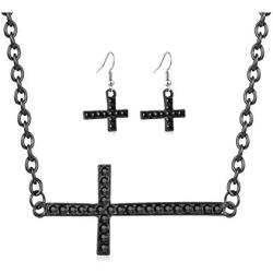 Womens Painted Alloy Cross Jewelry Set Colored Crystal Cross Necklace Dangle Earrings Set