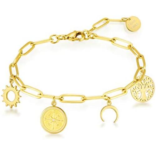 BESTTERN Charm Bracelets for Women Gold, Cute Link Charms Friendship Bracelet, Stainless Steel Inspirational Bracelet for Teen Girl