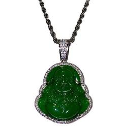 Iced Laughing Buddha Icy Green Jade Pendant Necklace Rope Chain Genuine Certified Grade A Jadeite Jade Hand Crafted, Jade Necklace, 14k Gold Filled Laughing Jade Buddha Necklace, Silver Jade Medallion, Fast Prime Shipping, Green Jade Necklace