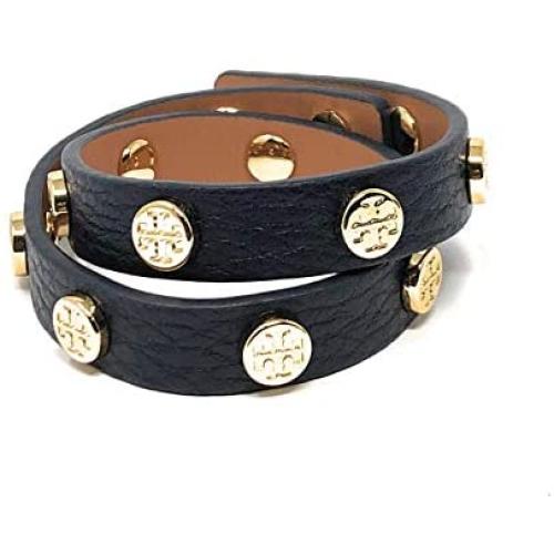 Tory Burch Double Wrap Bracelet Leather Logo Stud Navy