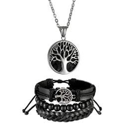 Sets of 2 Tree of Life Jewelry Sets-Stainless Steel Tree of Life Pendant Necklace,Multi-layer Beads Leather Bracelets