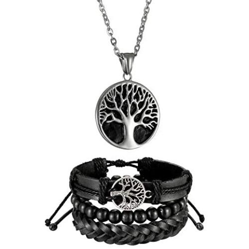 Sets of 2 Tree of Life Jewelry Sets-Stainless Steel Tree of Life Pendant Necklace,Multi-layer Beads Leather Bracelets