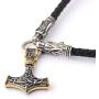 Gungneer Thors Hammer Pendant Mixed Gold Color Viking Mjolnir Necklace for Men with Black Wolf Head Leather Chain, 316L Stainless Steel Bonus 2 Rune Beads