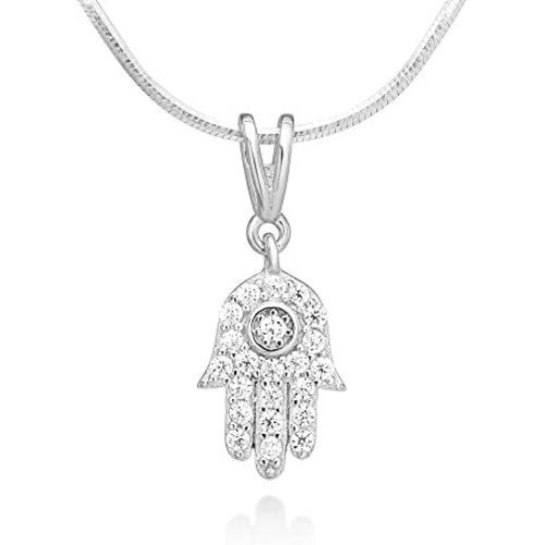 Suvani Jewelry 925 Sterling Silver CZ Hamsa Hand of Fatima Good Luck Protection Pendant Necklace 18''