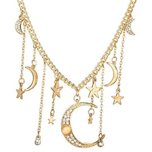 JczR.Y Fashion Bohemia Gold Color Crystal Star Moon Tassel Pendant Necklaces for Women Party Jewelry Accessories