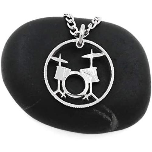 NameCoins Drum Set Necklace, Rockers Jewelry, Drummer Gift, Band, Hand Cut Coin