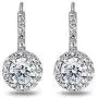 Sterling Silver Round Dainty Halo Leverback Earrings Made with Swarovski Zirconia