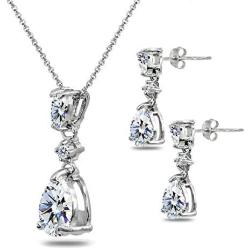 Sterling Silver Pear-Cut Teardrop Dangling Stud Earrings & Necklace Set Made with Swarovski Zirconia