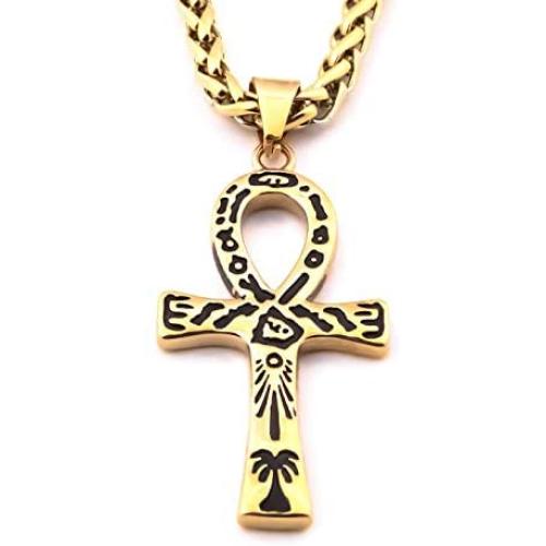 Warvik Egypt Ankh Cross Eye CZ Stone Pendant Necklace Gold/SilverColor, Stainless Steel Jewelry Men Women Wheat Chain 20/28 Inch