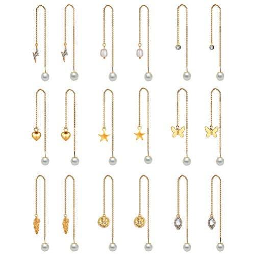 9 Pairs Tassel Threader Drop Earring Set Gold Long Chain Ear Link Earrings Cute Butterfly Star Heart Pearl Dangle Earring Crystal Rhinestone Bridal Wedding Jewelry Gifts for Women Girls