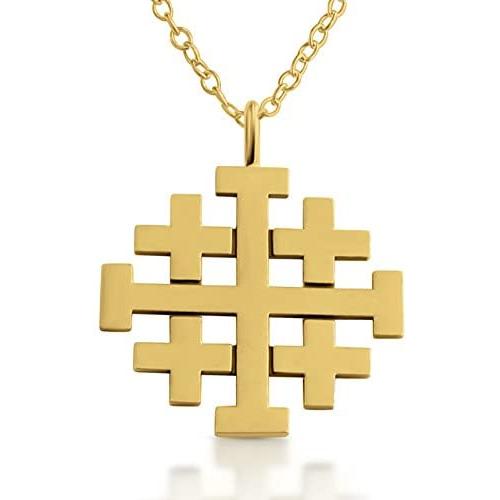 Azaggi Jerusalem Crusaders Cross Pendant Necklace 14k Gold Plating Over 925 Sterling Silver (24 Inches) Jewelry Gift