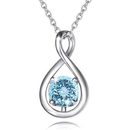 FANCIME Created Aquamarine Necklace Sterling Silver Birthstone Necklaces for Women Dainty Infinity Pendant Birthday Anniversary Jewelry Gifts for Her，Chain Length 16''+2'' Extend