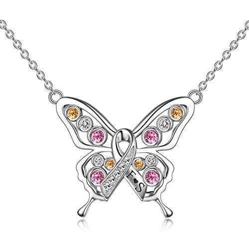 AOBOCO Cancer Survivor Butterfly Necklace Jewelry Gifts for Women, Sterling Silver Cancer Awareness Item