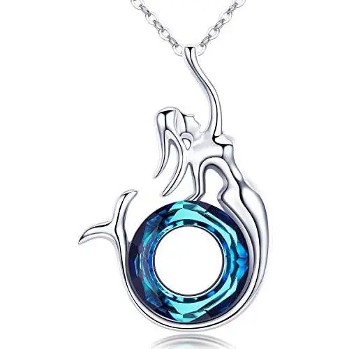Mermaid Necklace S925 Sterling Silver Crystal Little Mermaid Pendant Necklace Mermaid Jewelry Gifts for Women Girls Mom