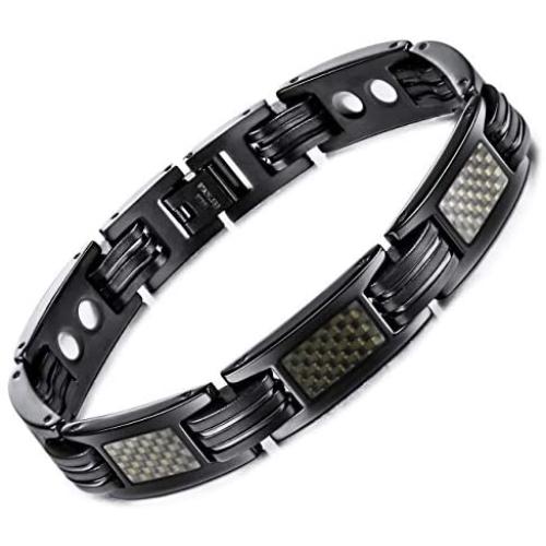 MOWOM Black Magnetic Stainless Steel Bracelet Bangle Cuff for Men Women Boys Girls Adjustable Magnets Carbon Fiber Jewelry Gift, Bundle with Free Link Removal Kit