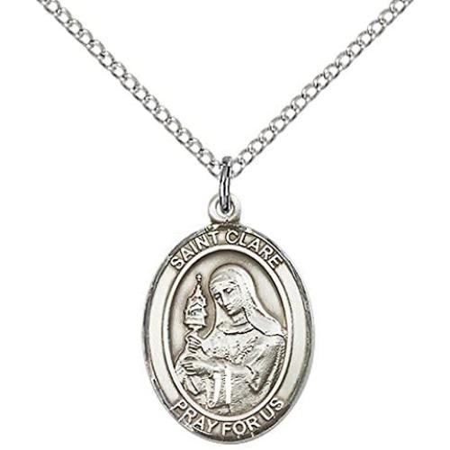 F A Dumont Sterling Silver St. Clare of Assisi Pendant with 18'' Stainless Steel Lite Curb Chain