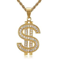 Lee Island Fashion 24K Gold Plated Simulated Diamond CZ Fully Dollar Sign Pendant Stainless Steel Necklace, 24 inch Chain Jewelry
