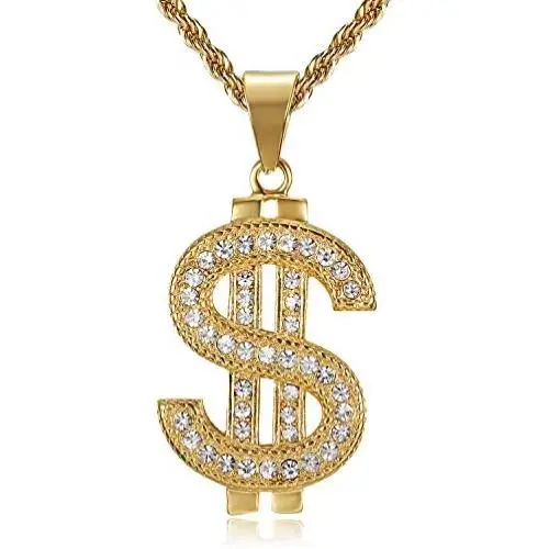 Lee Island Fashion 24K Gold Plated Simulated Diamond CZ Fully Dollar Sign Pendant Stainless Steel Necklace, 24 inch Chain Jewelry Lee Island Fashion 24K Gold Plated Simulated Diamond CZ Fully Dollar Sign Pendant Stainless Steel Necklace, 24 inch Chain Jewelry